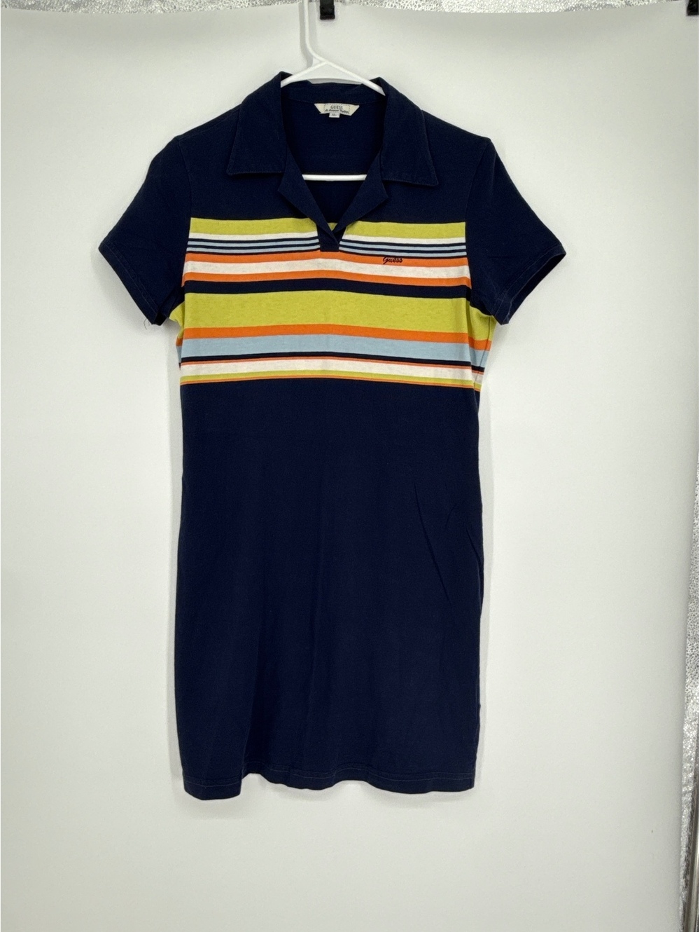 Guess Navy Blue Polo Dress with Multicolor Stripes, Size XL